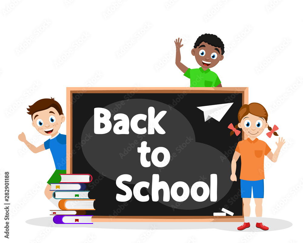 Children play near the blackboard on a white. Back to school. Children play near the blackboard on a white. Back to school.