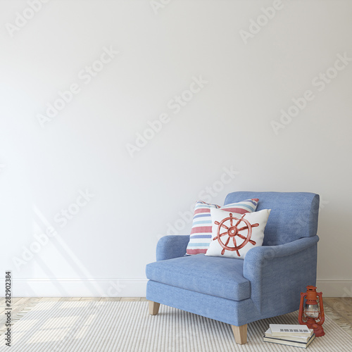 Fototapeta Naklejka Na Ścianę i Meble -  Interior with armchair in coastal style. 3d render.