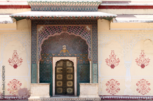 An ornate doorway inside the City Palace in Jaipur, India