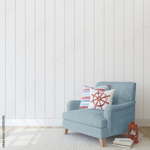 Fototapeta Naklejka Na Ścianę i Meble -  Interior with armchair in coastal style. 3d render.