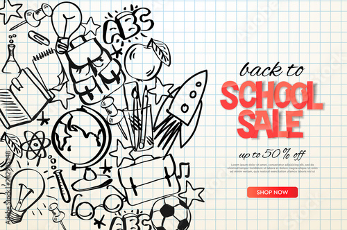 Back to school sale template. School doodle on checkered paper background, vector illustration.