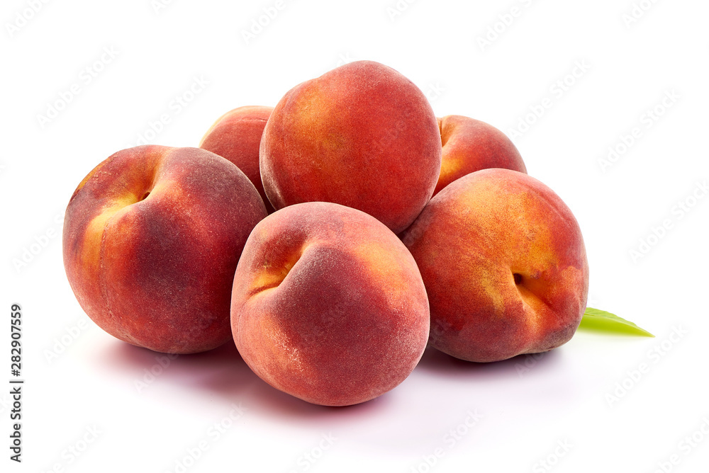 Fresh ripe juicy peaches, isolated on white background Fresh ripe juicy peaches, isolated on white background