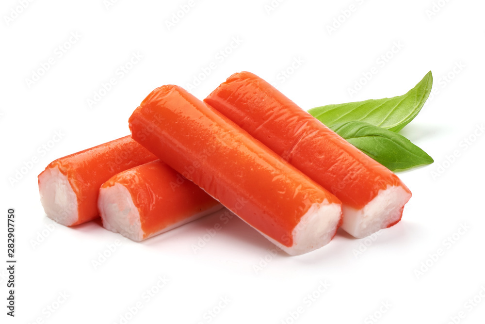 Delicious, fresh crab sticks, crabmeat, isolated on white background Delicious, fresh crab sticks, crabmeat, isolated on white background