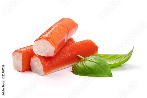 Delicious, fresh crab sticks, crabmeat, isolated on white background