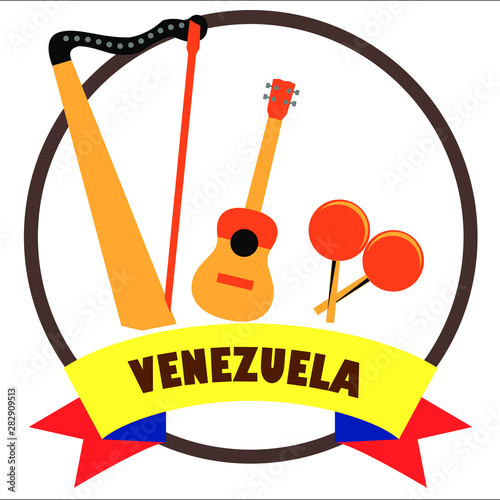 Harp, Cuatro and Maracas Venezuelan and venezuelan musical instruments with yellow, blue and red flag, with Venezuela word. Instruments that represent the most iconic venezuelan music. photo