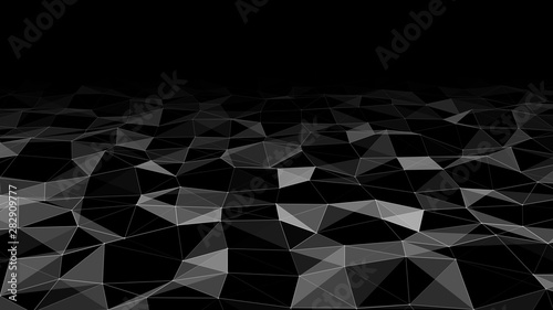 Network of bright connected dots, lines and triangles. Gradient wave on black background. Abstract digital background. Futuristic vector illustration.