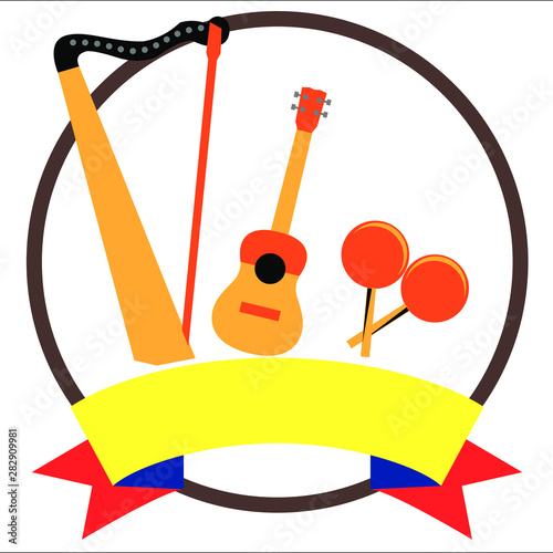 Harp, Cuatro and Maracas Venezuelan and colombian musical instruments with yellow, blue and red flag. Instruments that represent the most iconic Venezuelan music. photo