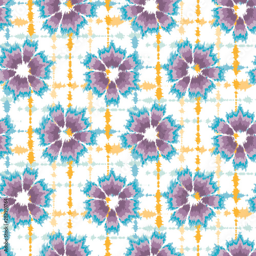 Seamless pattern tie dye shibori flower circle rings. Colorful boho summer ba...
