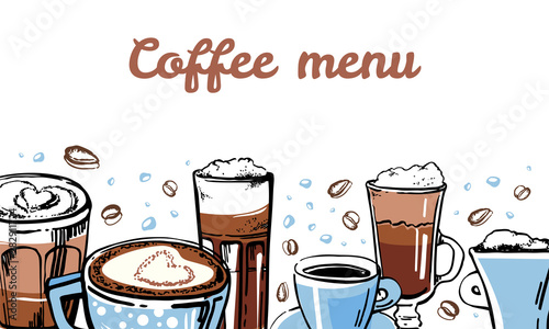 Coffee glass and mugs. Cafe munu cover design template. Vector outline sketch hand drawn illustration in brown colors