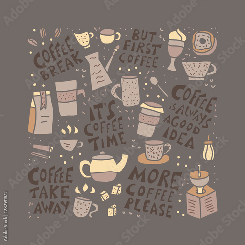 Coffee mugs with quotes. Vector illustration.