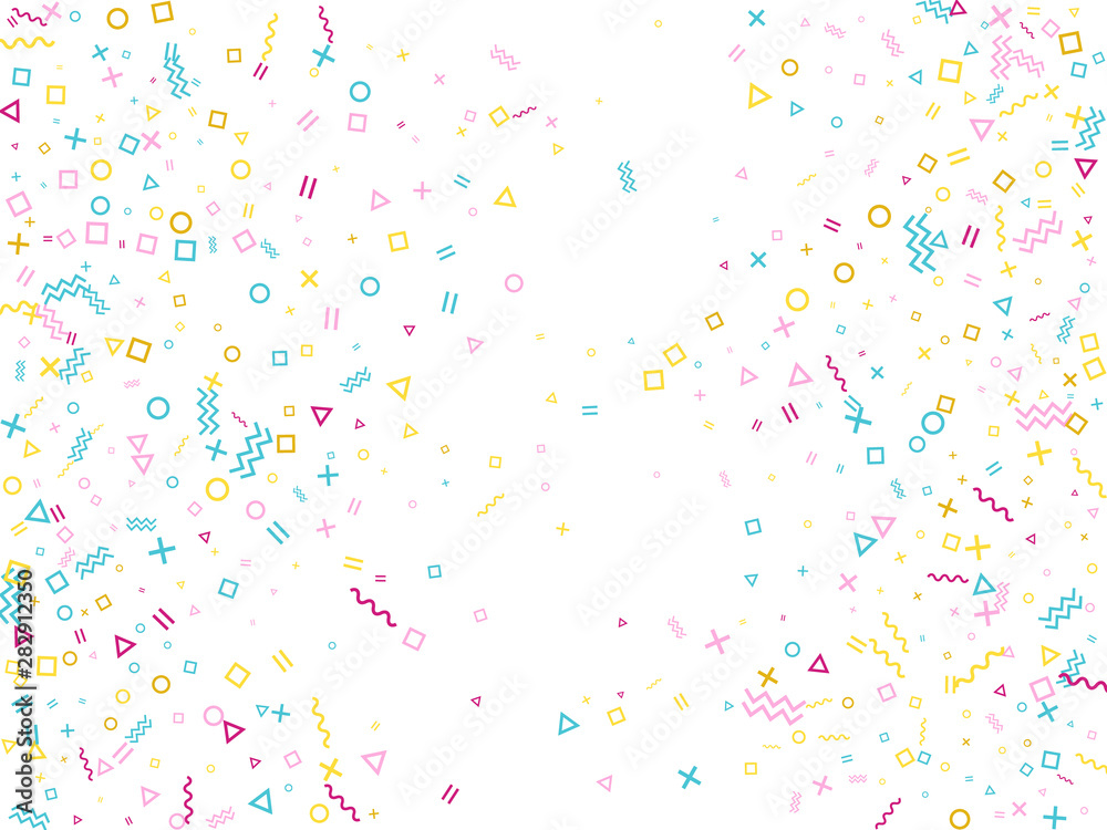 Digital 80s style bauhaus pink blue gold party confetti falling on white.
