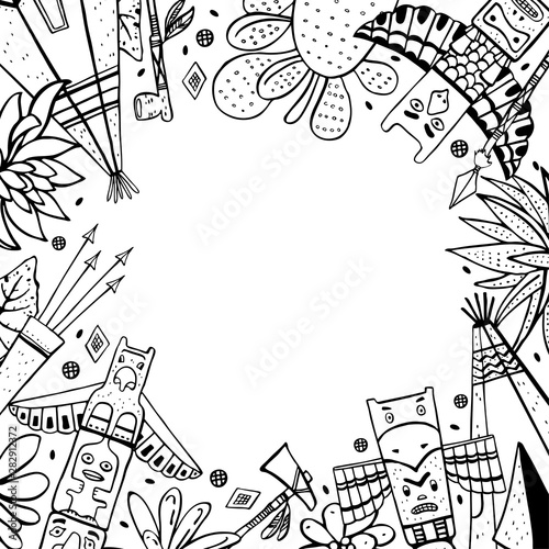 Frame with Native American traditional objects. Wigwams, totem poles, cactuses, weapons.  Vector hand drawn outline sketch illustration