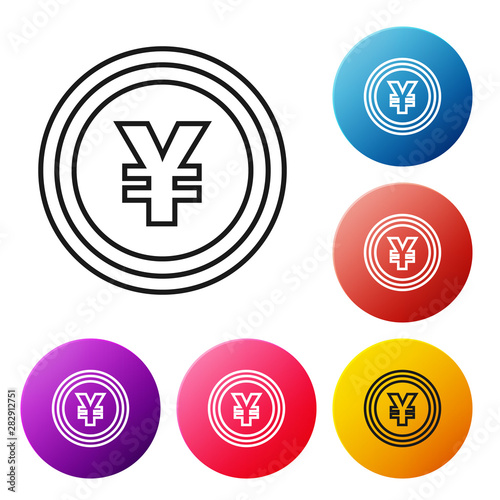 Black line Cryptocurrency coin Bitcoin icon isolated on white background. Blockchain technology, bitcoin, digital money market, cryptocoin wallet. Set icons colorful circle button. Vector Illustration
