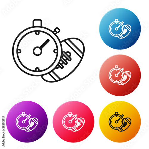 Black line American Football ball and stopwatch icon isolated on white background. Set of sport equipment. Set icons colorful circle buttons. Vector Illustration