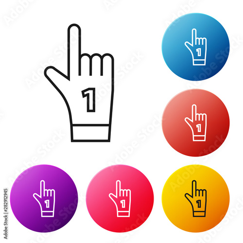 Black line Number 1 one fan hand glove with finger raised icon isolated on white background. Symbol of team support in competitions. Set icons colorful circle buttons. Vector Illustration