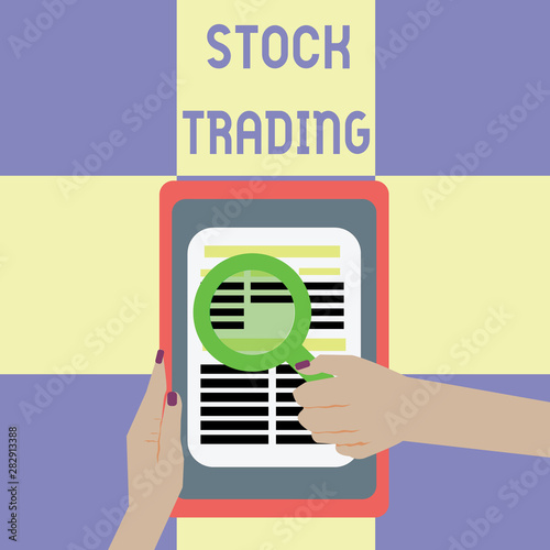 Conceptual hand writing showing Stock Trading. Business photo showcasing Buy and Sell of Securities Electronically on the Exchange Floor. photo