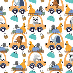 Keuken achterwand Dieren onderweg patronen Cute animals driving a car with bags seamless pattern background. Design for fabric, wrapping, textile, wallpaper, apparel.  © reddish