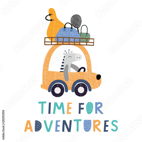 Time for adventures lettering, zebra driving a car with bags. Concept of trips. Vector prints.Illustration  for poster, card, label, banner, flyer, baby wear, kid’s room decoration.