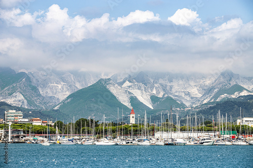 Fototapeta Naklejka Na Ścianę i Meble -  View from the sea of the marble quarries of Carrara (Italy)