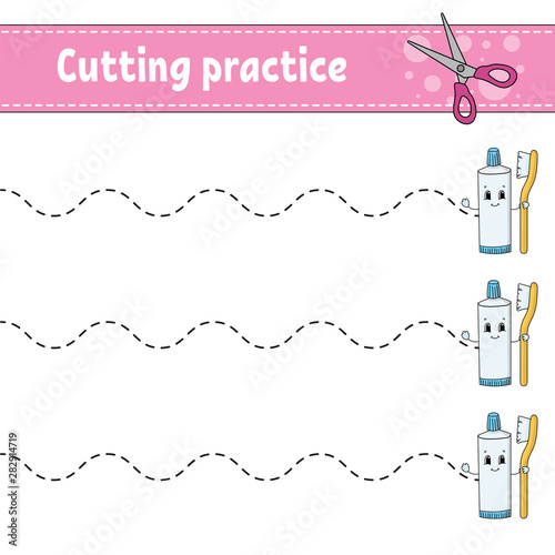 Cutting practice for kids. Education developing worksheet. Activity page with pictures. Game for children. Isolated vector illustration. Funny character. Cartoon style.