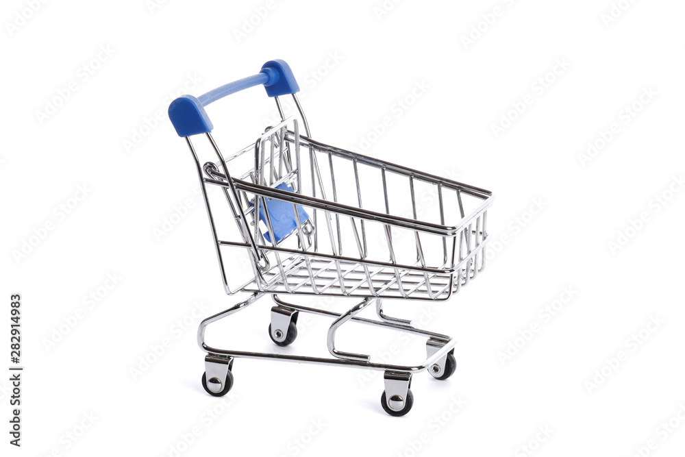 Empty metal shopping trolley isolated on white Empty metal shopping trolley isolated on white