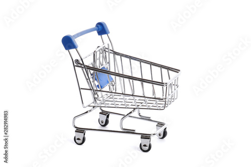 Empty metal shopping trolley isolated on white