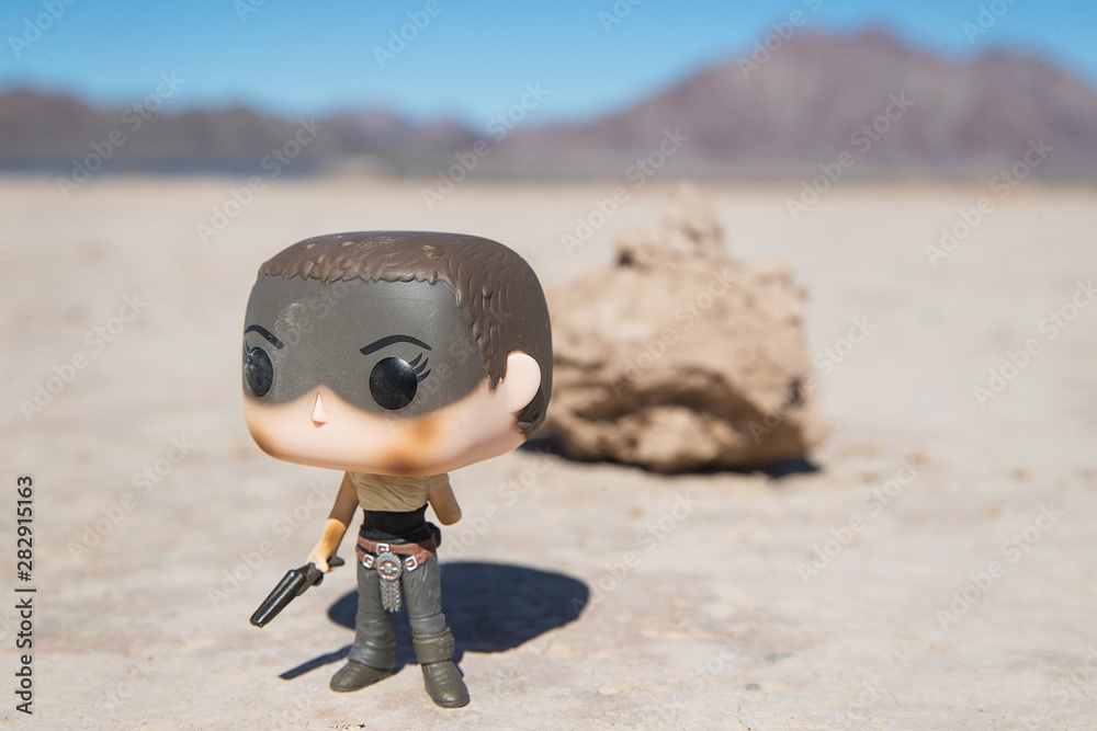General view of Mad Max character Imperator Furiosa Funko Pop! in a Nevada  Desert on March 4, 2018 foto de Stock | Adobe Stock