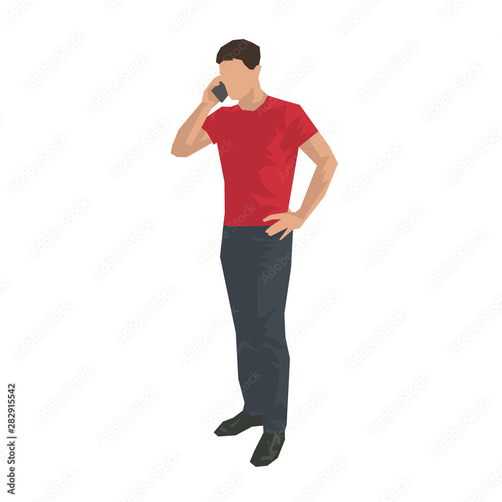 Man calling with cell phone, flat design illustration. Adult man in red shirt standing and talking with somebody. Isolated geometric vector drawing Man calling with cell phone, flat design illustration. Adult man in red shirt standing and talking with somebody. Isolated geometric vector drawing