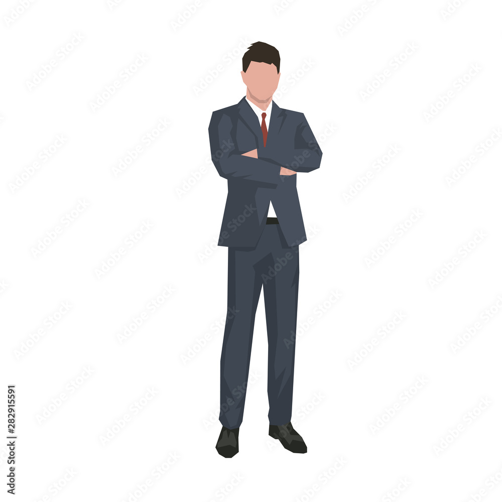Businessman standing with folded arms in dark suit, flat design geometric isolated vector illustration. Businessman standing with folded arms in dark suit, flat design geometric isolated vector illustration.