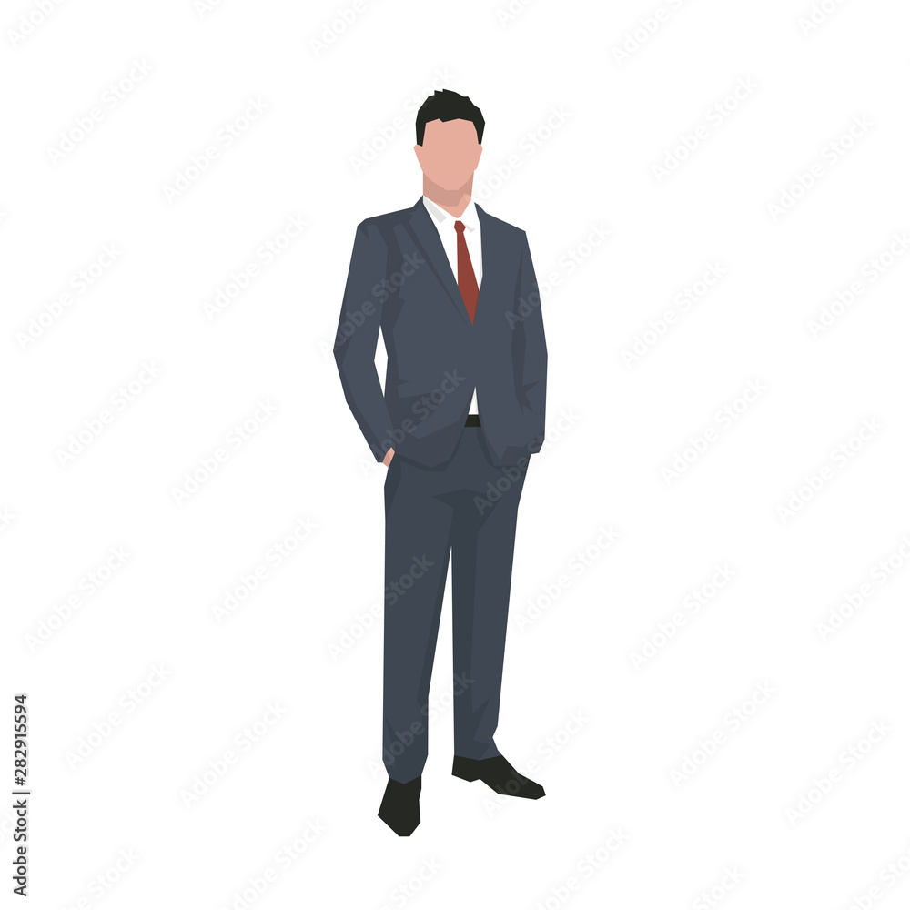 Businessman standing with hands in pockets in dark suit, flat design geometric isolated vector illustration. Businessman standing with hands in pockets in dark suit, flat design geometric isolated vector illustration.