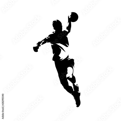 Handball player throwing ball and scoring goal, ink drawing isolated vector silhouette, front view