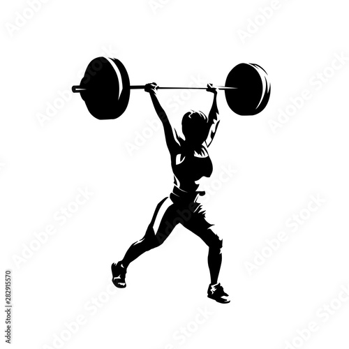 Weightlifting, woman lifting big barbell, isolated vector silhouette, ink drawing