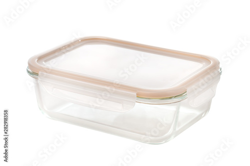 Glass container on a white background. Food container close up.