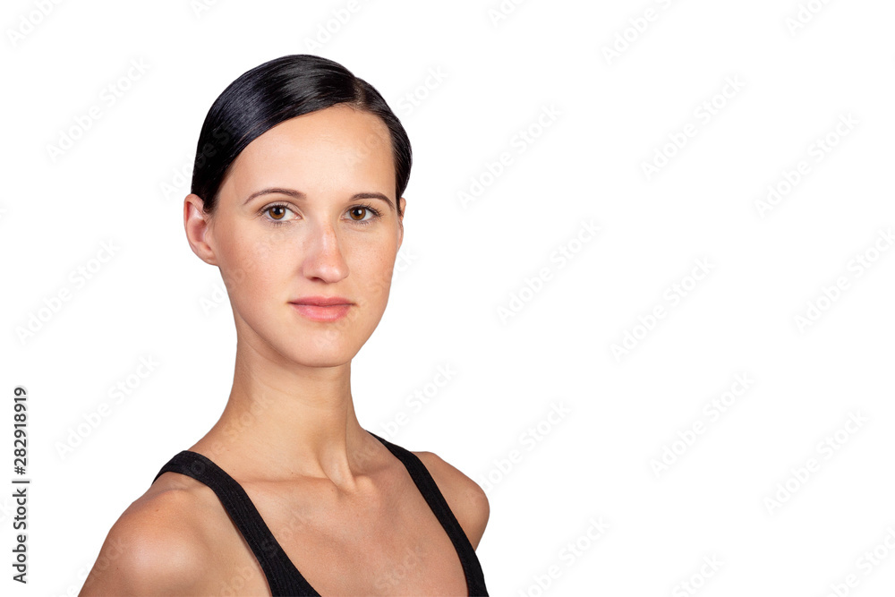 Closeup portrait of a young beautiful brunette girl without makeup isolated on white background Closeup portrait of a young beautiful brunette girl without makeup isolated on white background