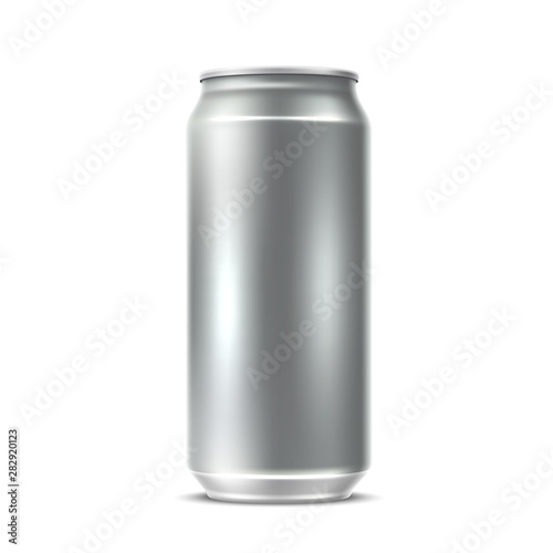 Realistic blank silver can. Empty drink container for juice, soft drink package design. Vector aluminium tin bottle for refreshing drink, beer of cola.