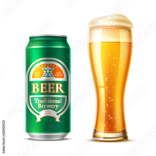 Realistic beer glass with beer aluminium can. Vector ale full cup with froth, fresh bubbles. Octoberfest drink festival, brewery product design. Home brew stout or draft bottle
