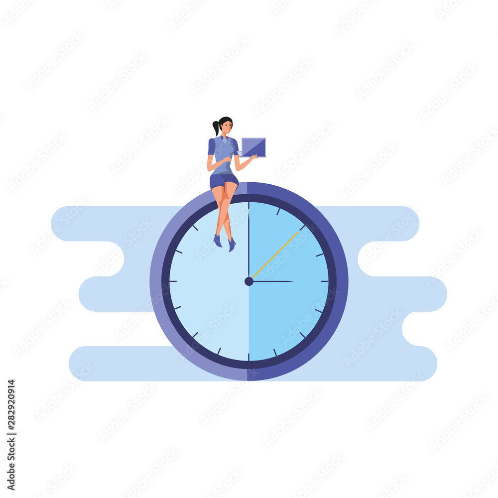 business woman sitting in time clock with laptop business woman sitting in time clock with laptop