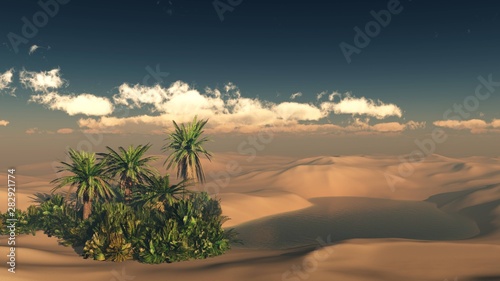 Oasis. Sand desert with a pond and palm trees  
