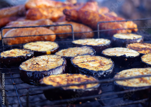 Cut slice eggplant on the grill .