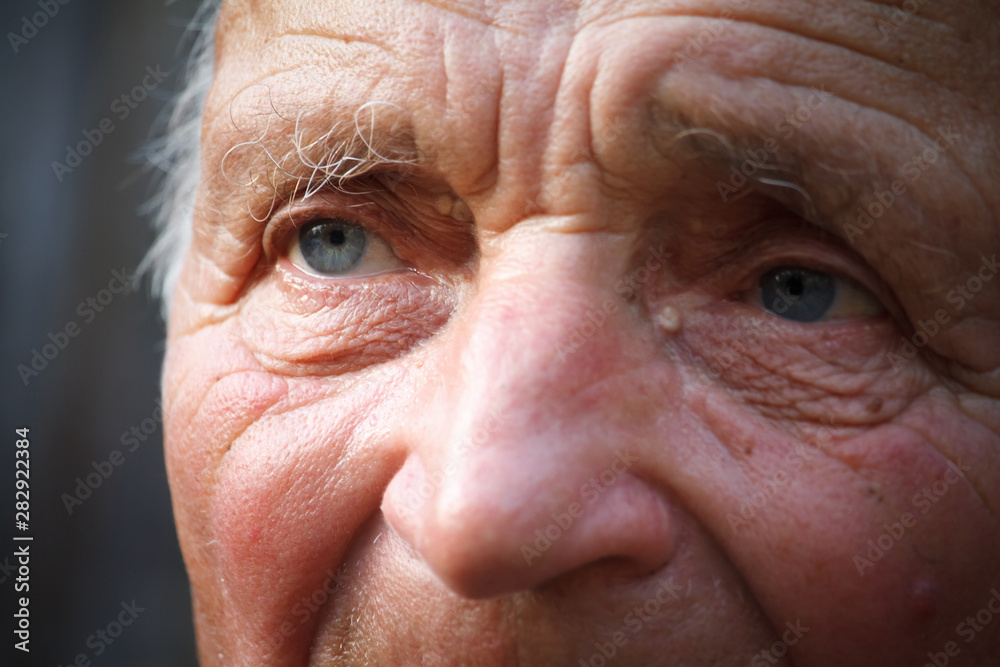 Close-up portrait of a very old man against the background of wattle, selective focus Close-up portrait of a very old man against the background of wattle, selective focus