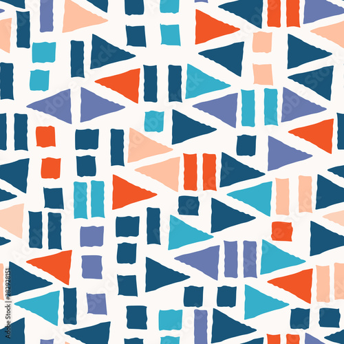 Abstract seamless pattern with geometric shapes in red, blue, peach and violet on cream background.