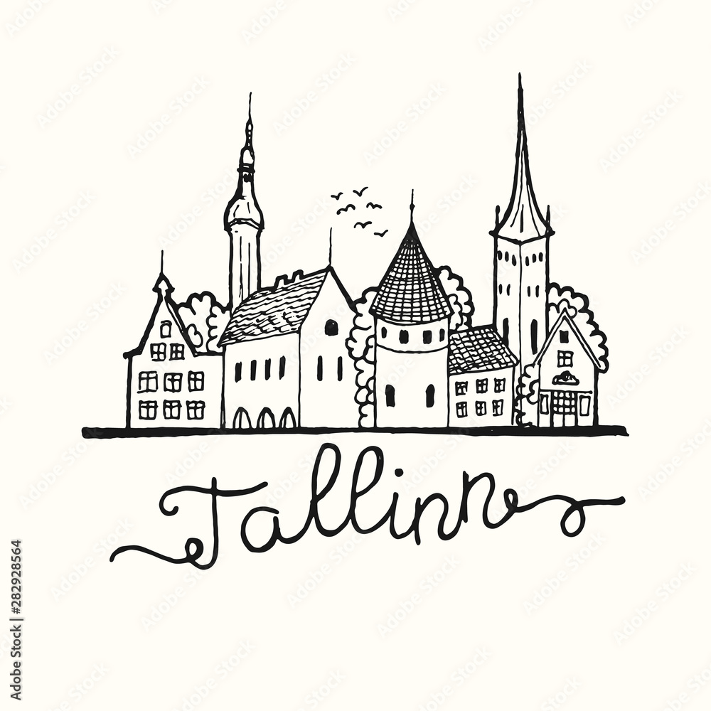 Drawing Tallinn city landmarks. Capital of Estonia sketch with old city.