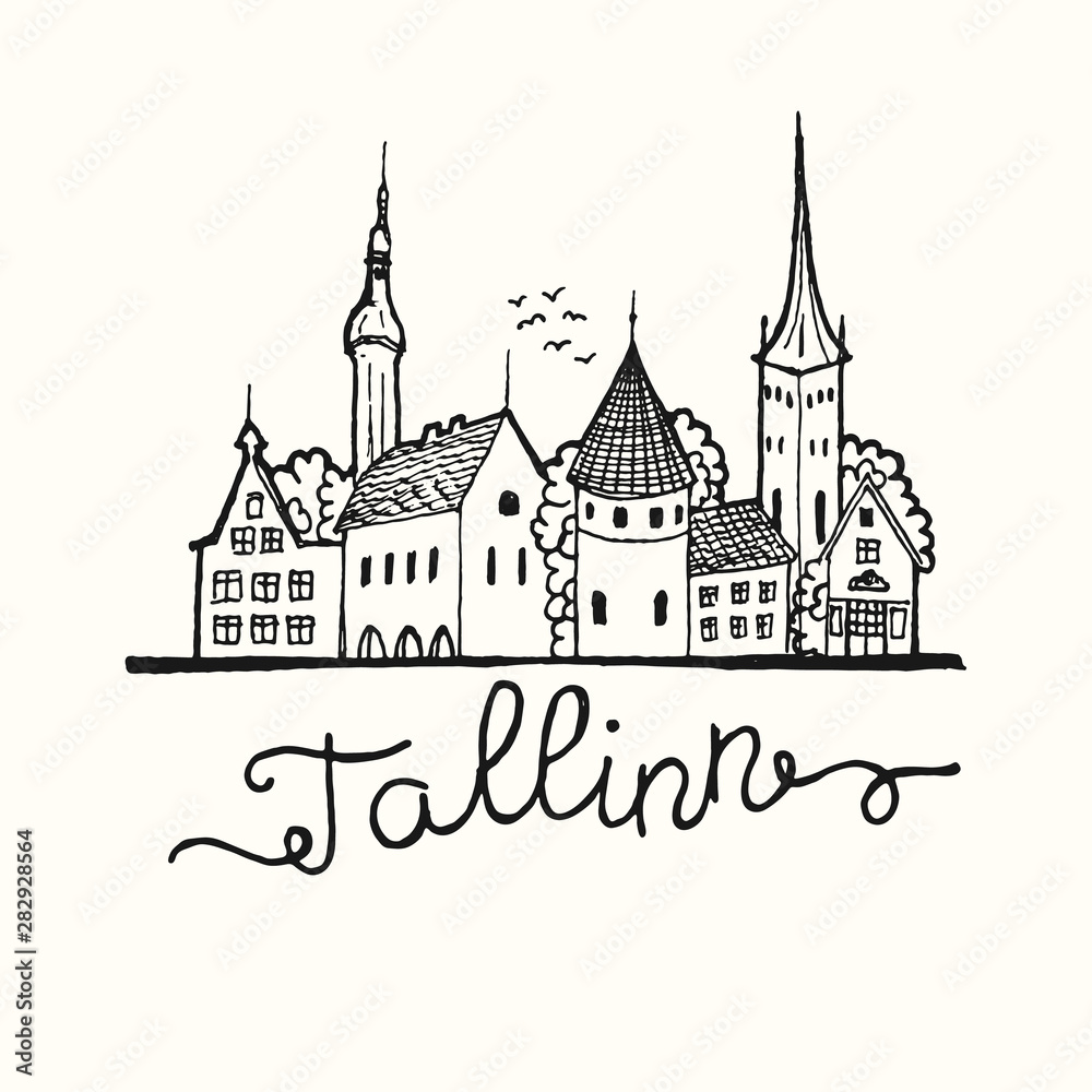 Obraz premium Drawing Tallinn city landmarks. Capital of Estonia sketch with old city.