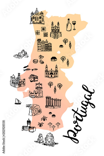 Photo Drawing Portugal map with portuguese cities, buildings and landmarks