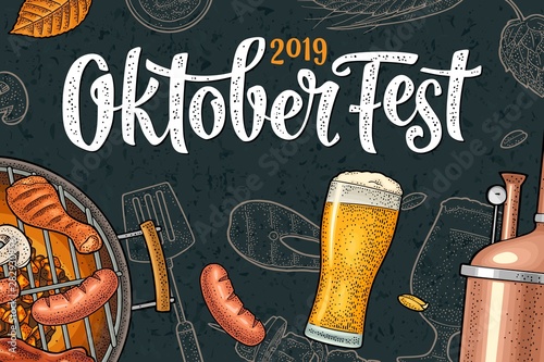 Horizontal poster to oktoberfest 2019 festival. Vintage color vector engraving