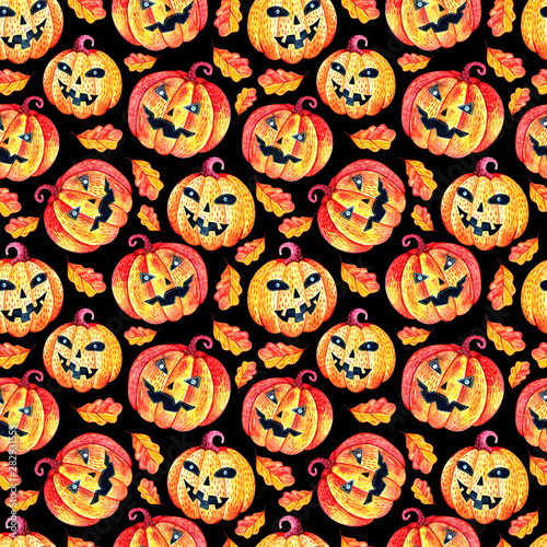 Seamless background in watercolor pumpkins for Halloween in autumn leaves on black background. Pattern for autumn holiday. Mystical, fabulous, fun style. Bright texture for packaging design, textiles, photo