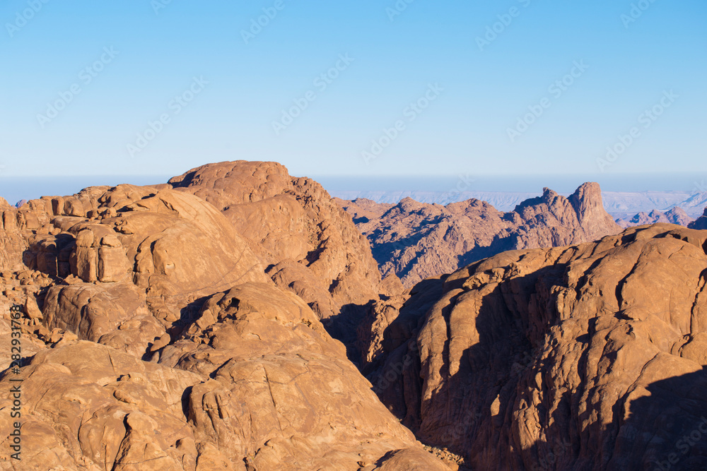 Egypt. Mount Sinai in the morning at sunrise. (Mount Horeb, Gabal Musa, Moses Mount). Pilgrimage place and famous touristic destination.