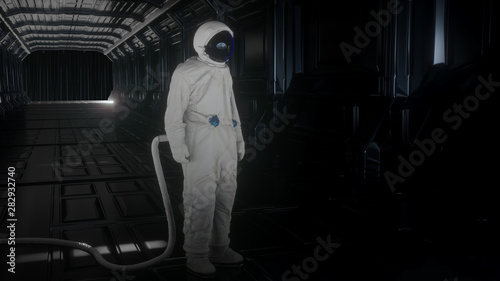 Fototapeta Naklejka Na Ścianę i Meble -  Alone astronaut looks at the planet earth in futuristic interior, the planet earth reflects in a spacesuit helmet. Cinematic 3d illustration for scientific programs on space, planet earth and others