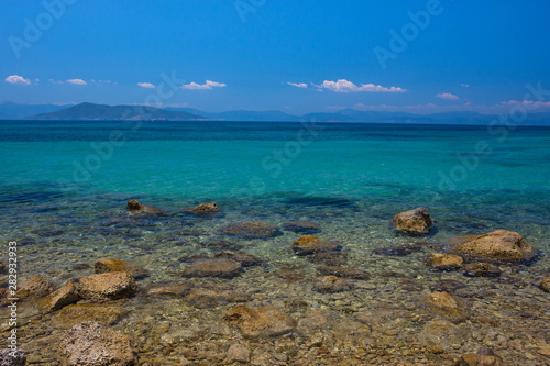 The clear and blue waters of Mediterranean sea in the Saronic gulf, Greece.