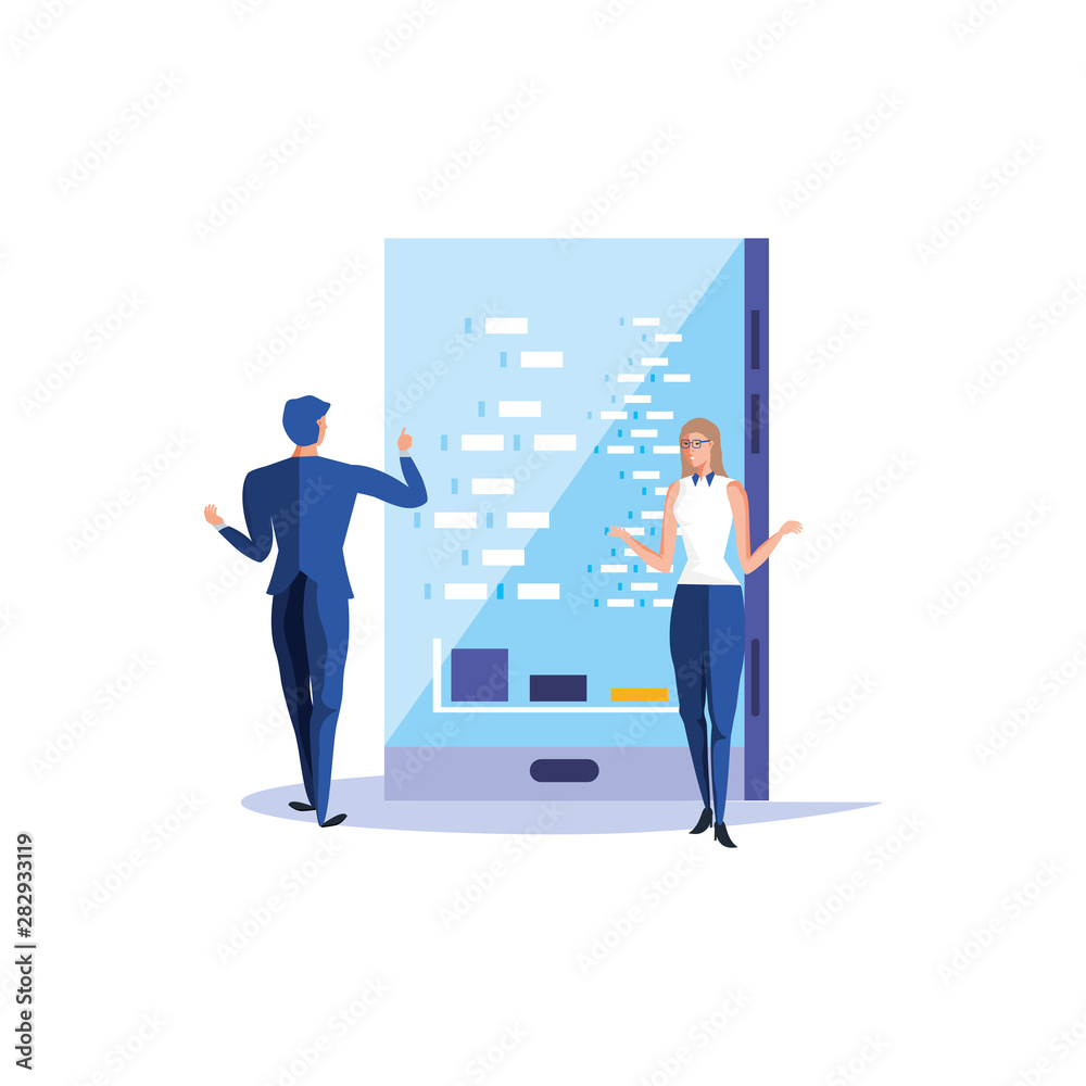 business couple and smartphone with infographic business couple and smartphone with infographic